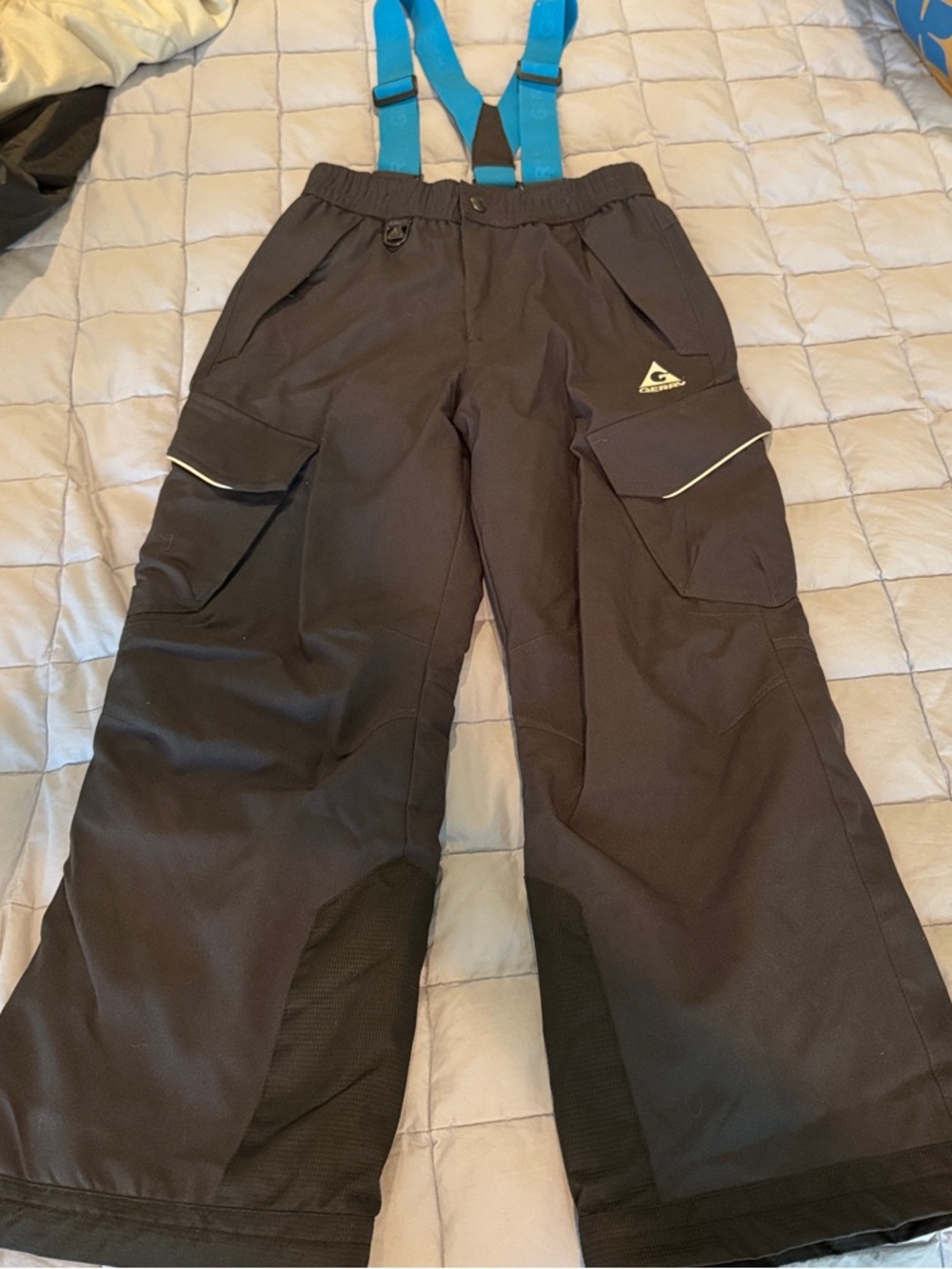 Kids Black Snow Pants with Blue Adjustable/Removable Suspenders